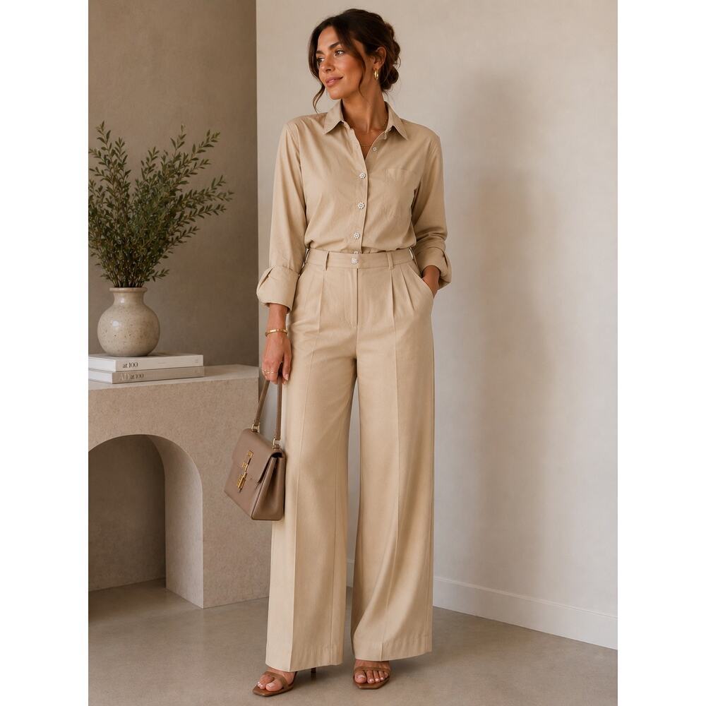 Pinko 100% Cotton Long Sleeve Collared Button-Up Shirt Beige Women's Size 8
